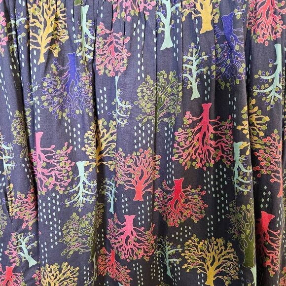 Emily and Fin modest navy blue with colorful tree printed cotton dress. Size S. - Picture 2 of 6
